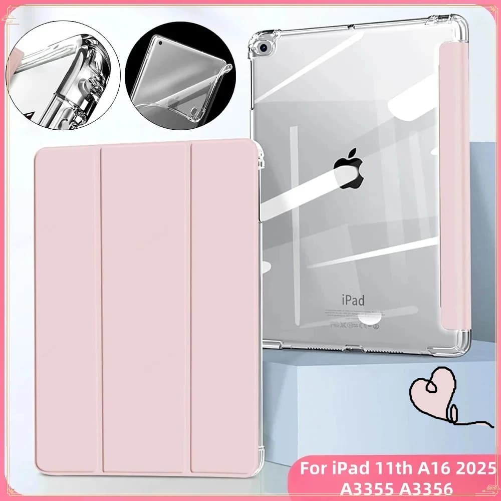 Custodia per iPad A16 Custodia 2025 Supporto a tre ante Cover trasparente HD con matita per iPad 11a generazione A3355A3356 Cover per tablet 11"