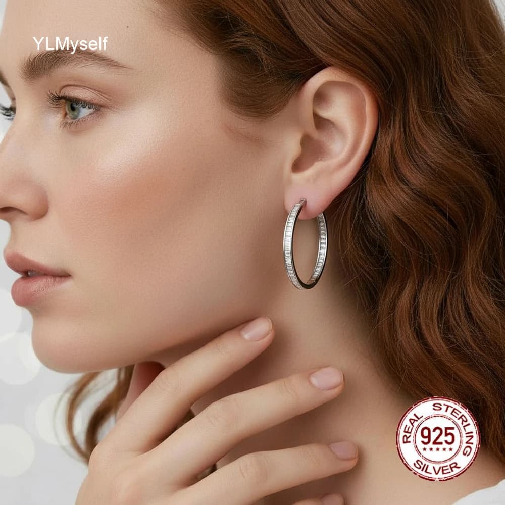3.8cm diameter Silver hoop earrings 925 sterling silver Full T-square Cubic Zircon jewelry Circle earrings