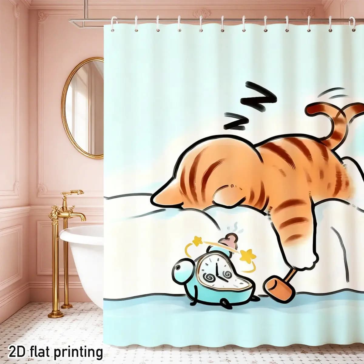 Tenda da doccia con gatto e sveglia – Gatto tabby addormentato con orologio martellato, sfondo azzurro, stampa piatta 2D, poliestere