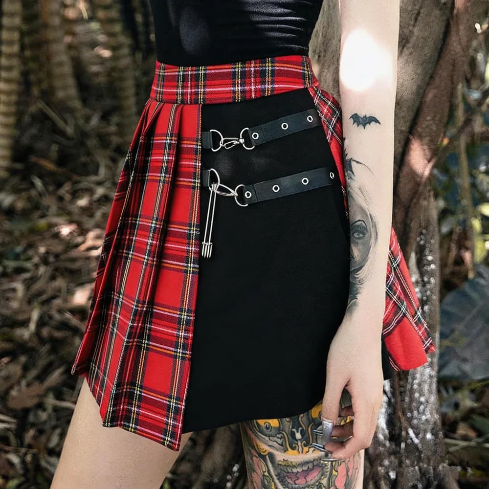 Goth Harajuku Gothic Irregular Skirt Women Streetwear Vintage Cyber Punk Y2k Grunge Plaid Patchwork High Waist Skirt Clubwear