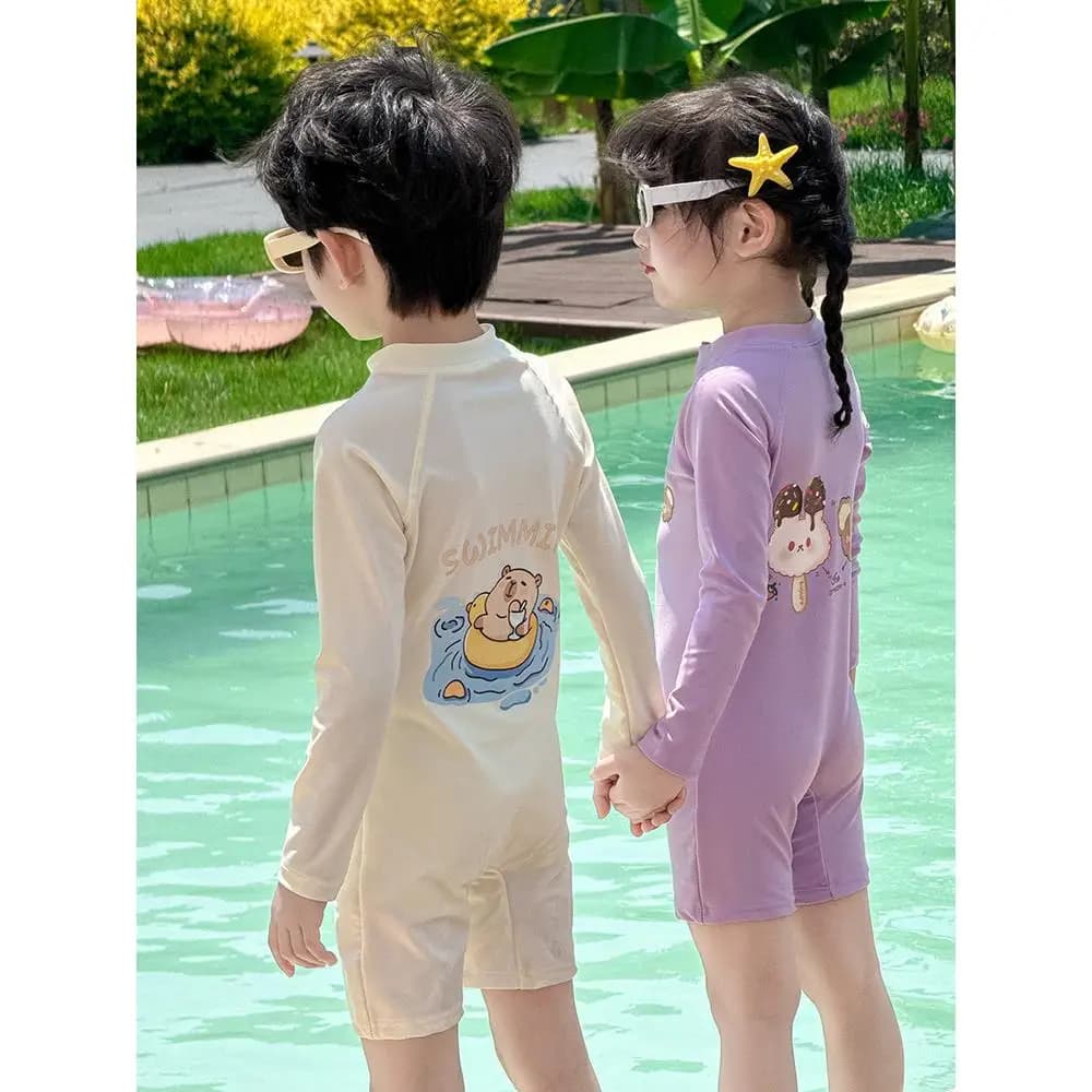 Costume da bagno intero a maniche lunghe per bambine, protezione solare, simpatico cartone animato, asciugatura rapida, professionale per bambini