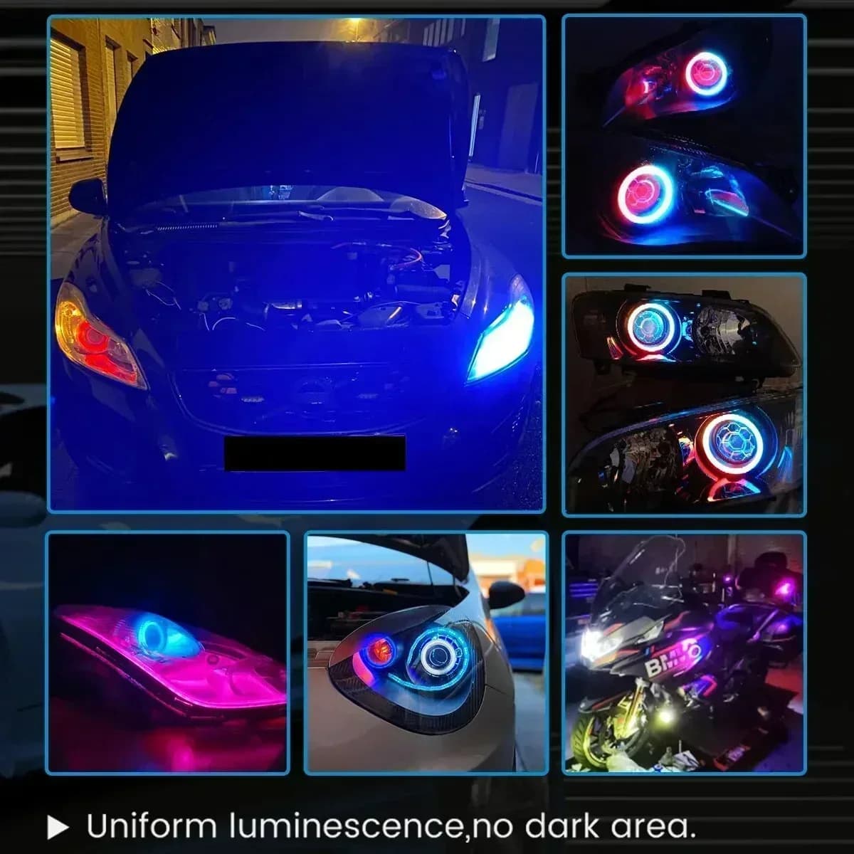 2 Pezzi Anelli Luminosi LED RGB in Cotone 60mm 70mm 80mm per Fari Auto, UTV, Moto, Luci Diurne con Controllo APP