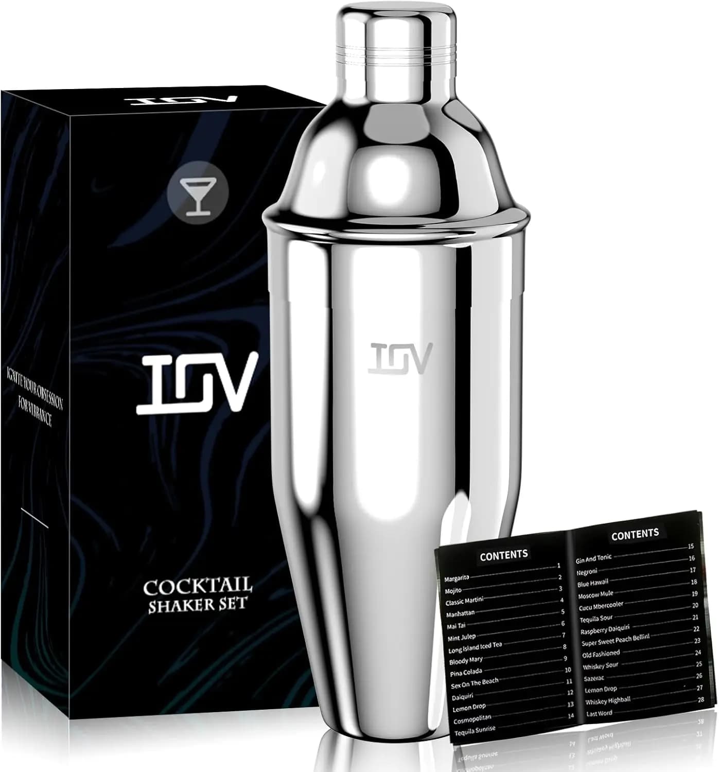 Shaker Professionale per Cocktail in Acciaio Inox, 24 oz con Colino Integrato e Guida alle Ricette, Kit Ideale per Barman, Regalo Perfetto