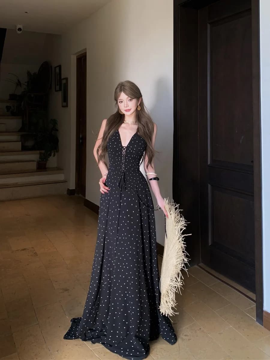 Retro Deep V-Neck Polka Dot Strap Dress Women Summer Belted Slimming High Waist Wide Hem Long Skirt Korean Style Casual Dress