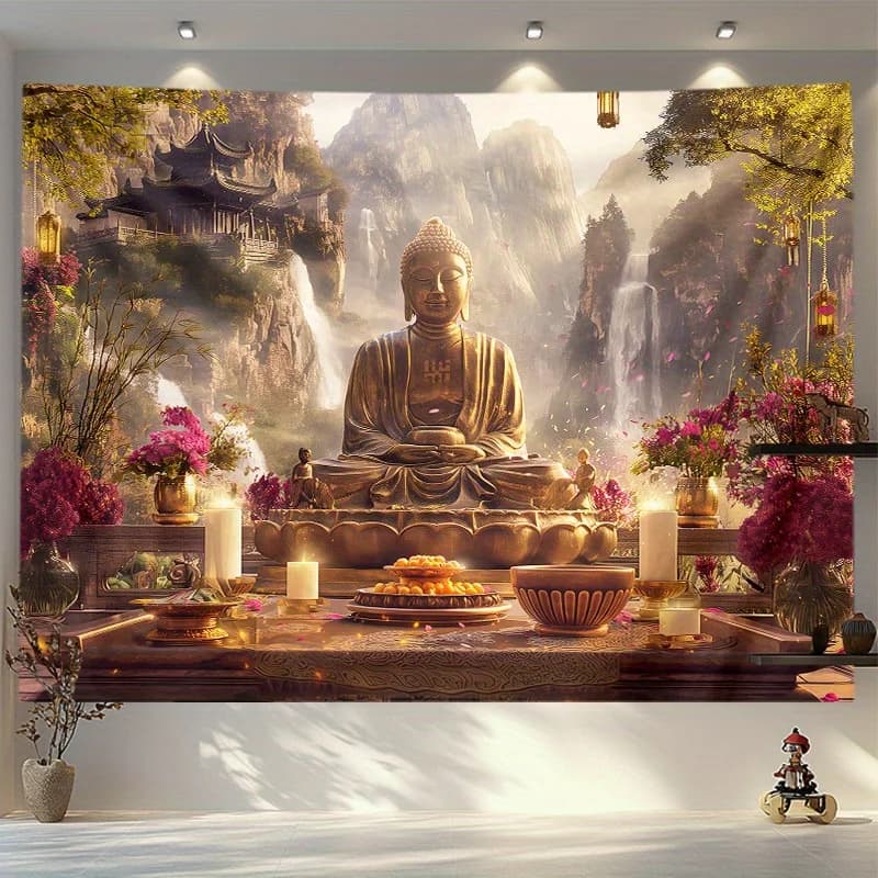 Quiet Golden Buddha Zen Tapestry-Mountain and River Landscape Wall Hanging for Bedroom and Living Room Decoration