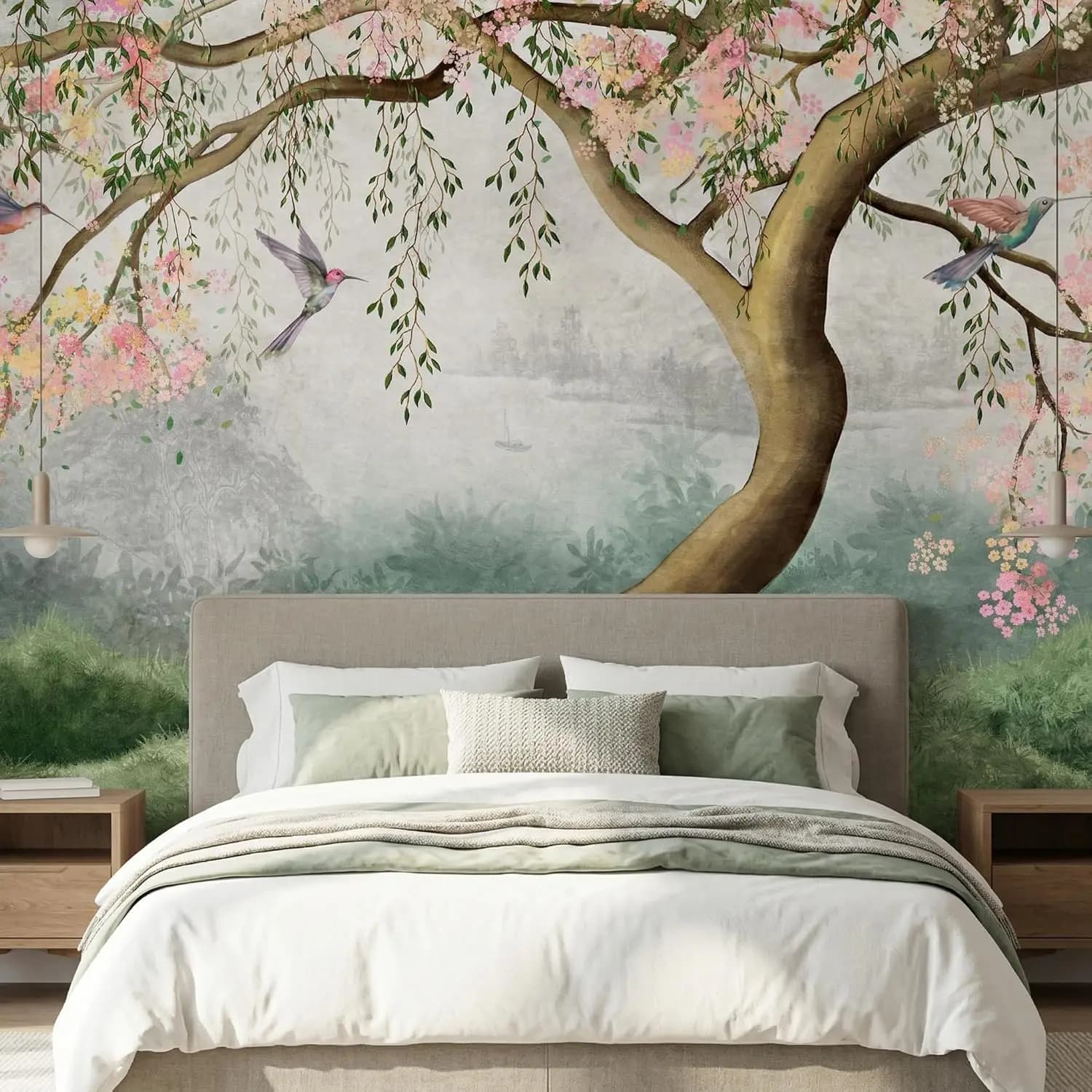 Elegant Floral Cherry Blossom Tapestry Wall Hanging Mural Polyester Print Decor for Bedroom Living Room Romantic Garden Scene An