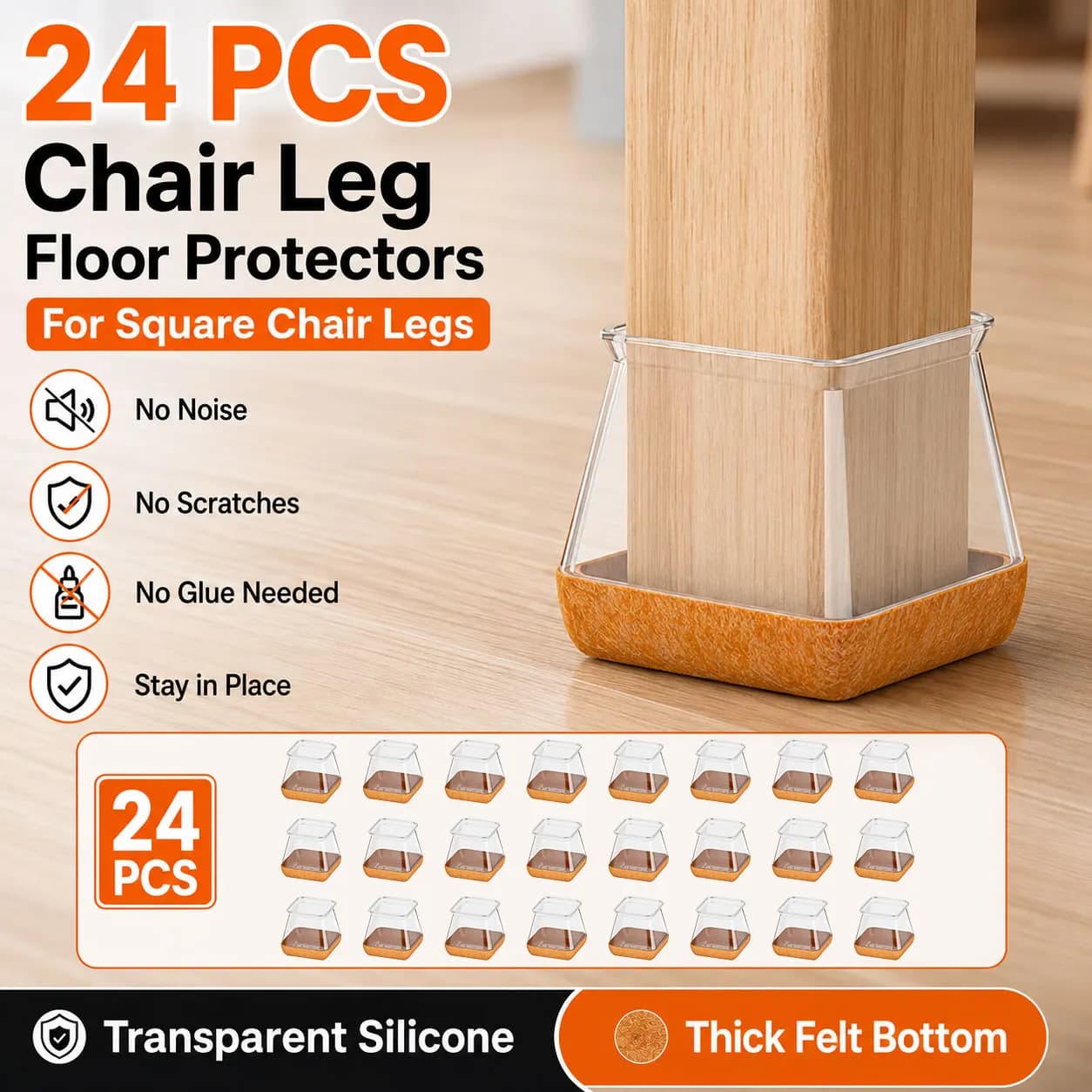 24PCS Square Chair Leg Floor Protectors Silicone Chair Feet Caps with Felt Pads, Transparent Furniture Leg Covers for Hardwood