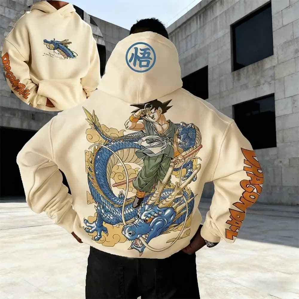 Dragon Ball Anime Goku Felpa con cappuccio kaki Set Felpa in cotone con design da equitazione con stampa del drago Shenlong con testo sulle maniche