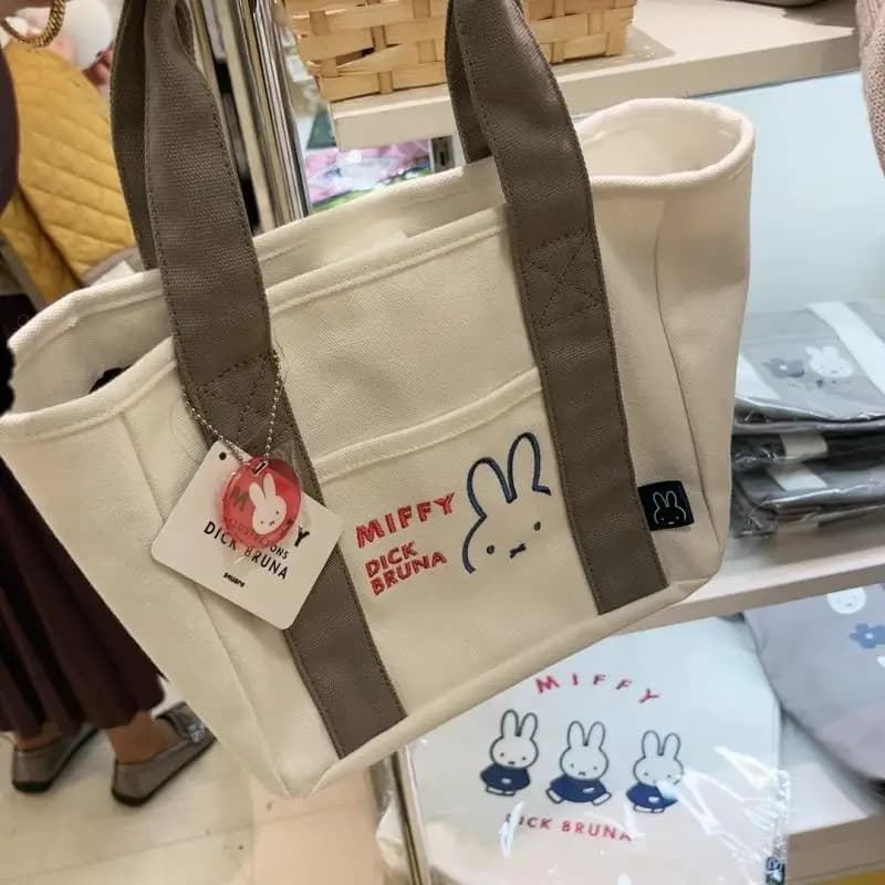 Cartoon Miffy Embroidered Handbag Kawaii Japanese Anime Rabbit Large Capacity Sandwich Canvas Bento Bag Friend's Birthday Gift