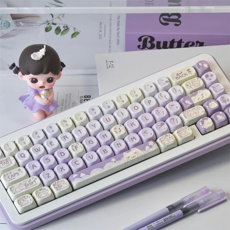 Purple Cat Keycaps Set 132 Keys MOA Profile Dye-Sublimation Key Caps Set For 60% 65% 75% 80% 96% 100% Layout Mechanical Keyboard