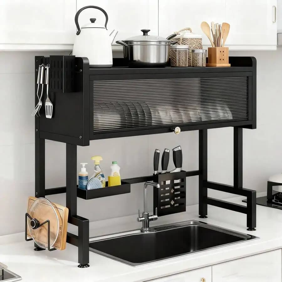 HanTai Heavy-Duty Over The Sink Dish Rack - Extra Large 33.5" Kitchen Organizer With Cover, 3-Tier Storage Shelf, Utensil Holder, Cutting Board Rack - Space-Saving Sink Organizer For Modern Kitchens Kitchen Sink Organizer, Sturdy Utensil Holder