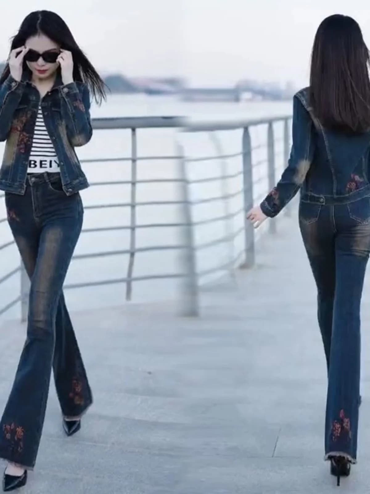 Early Spring New Style Women's Fashion Set Retro Slim Fit Embroidered Floral Jeans Micro Flared Pants Denim Jacket Polyester ...