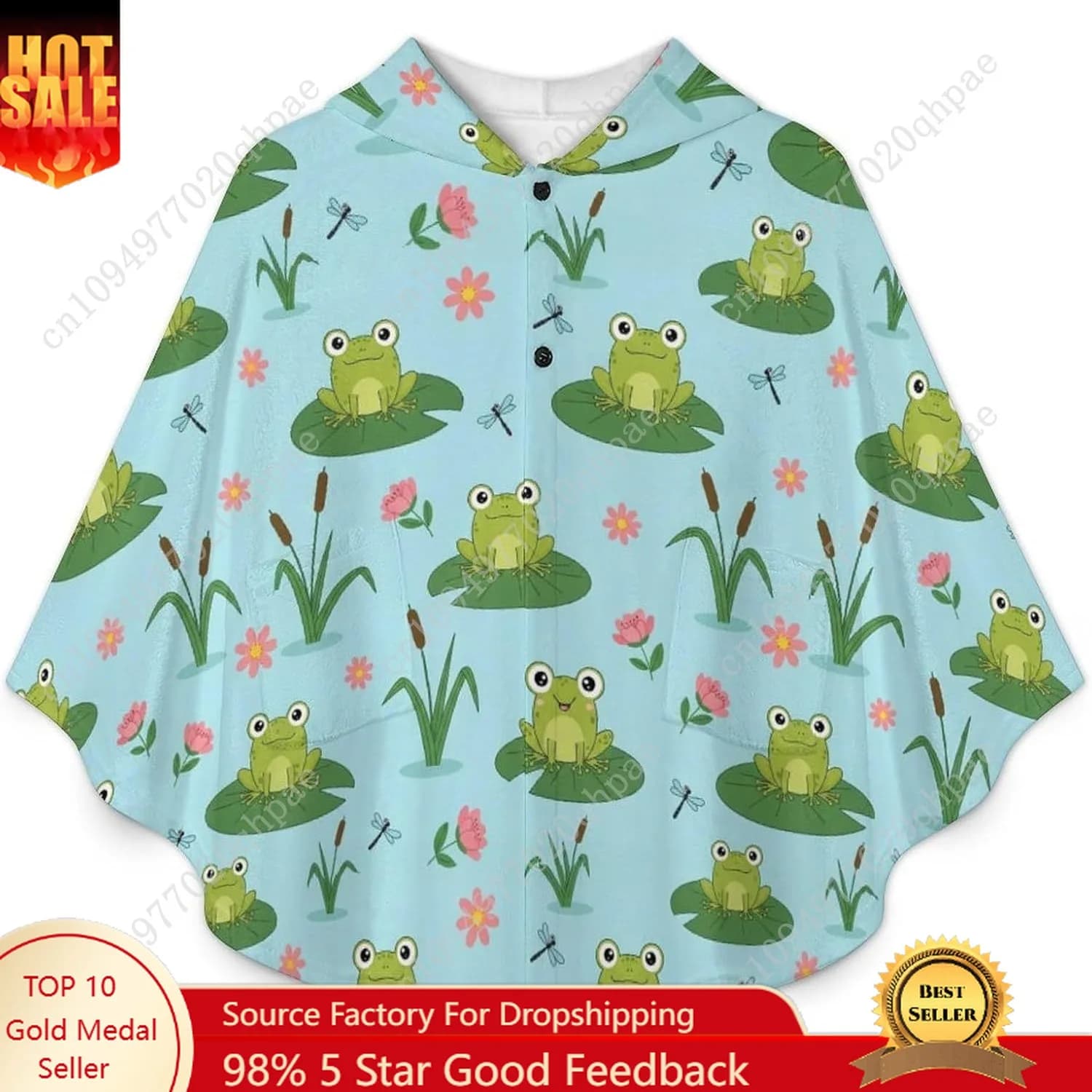 Comodo maglione coperta in flanella, felpa con cappuccio oversize con rane, gigli, libellule, con tasche per bambini e adolescenti