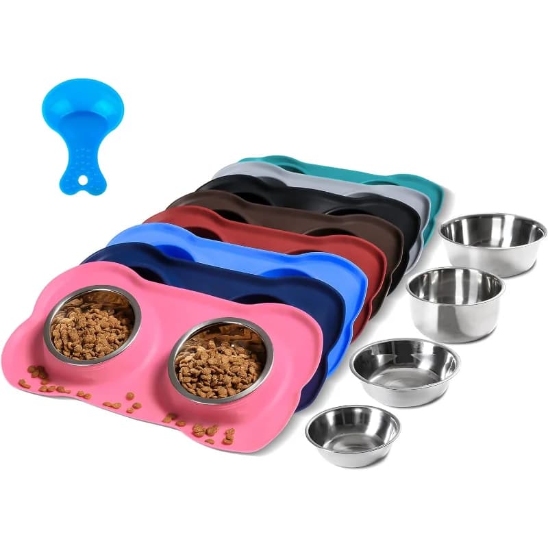 ZUJOLY Ciotole per cani da compagnia 2 Ciotole per cani in acciaio inossidabile senza fuoriuscite Tappetino in silicone antiscivolo Paletta per alimenti per animali Ciotole per mangiatoia d'acqua e cibo