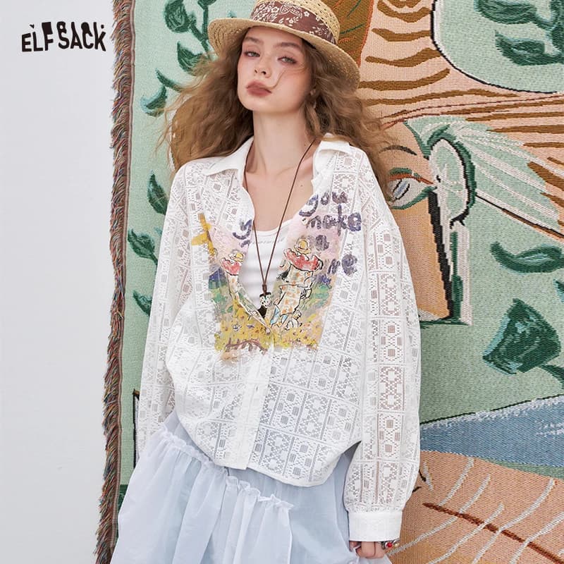 ELFSACK 2025 Camicetta leggera traforata stampata casual versatile di nuovo arrivo estivo