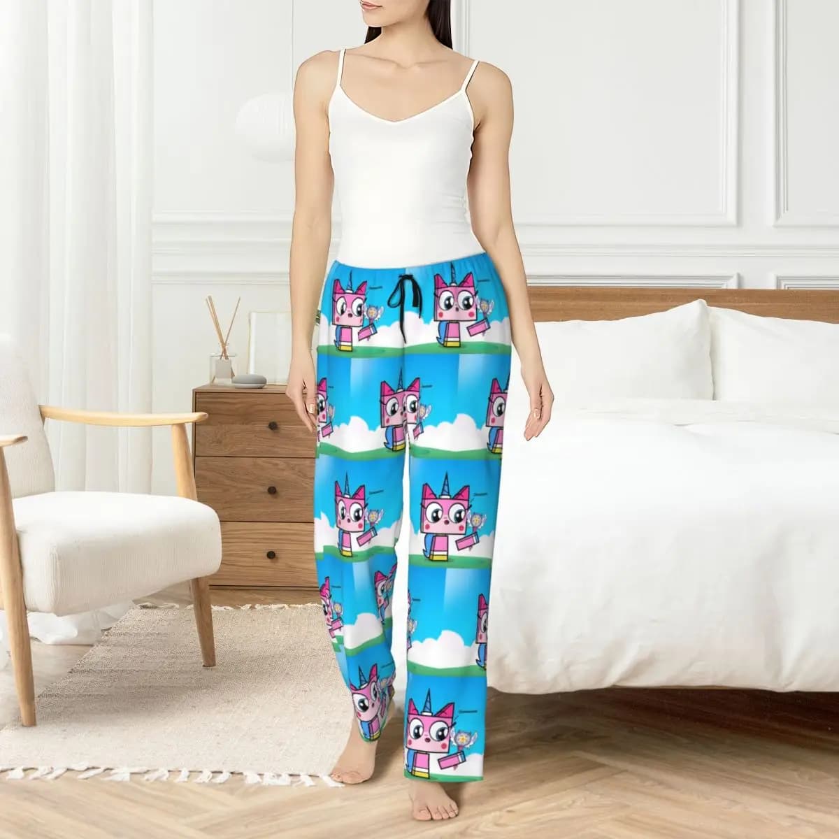 Pantaloni da pigiama Unikitty personalizzati Pantaloni da notte da donna con simpatico cartone animato Pantaloni da notte elasticizzati con tasche