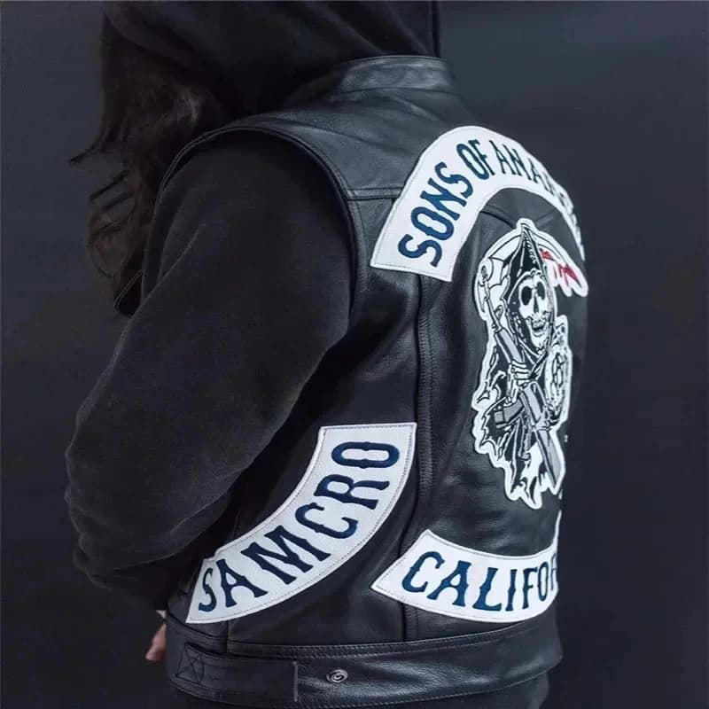 3.a;6\m/Leather Men Motorcycle Cosplay Costume Sleeveless Jacket Sons An Embroidery Rock Punk PU Vest V Neckg;8'l/7,