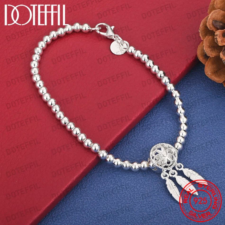 925 Sterling Silver 8-inch Exquisite Dreamcatcher Feather Bracelet for Women - Fashion Party Gift Accessories
