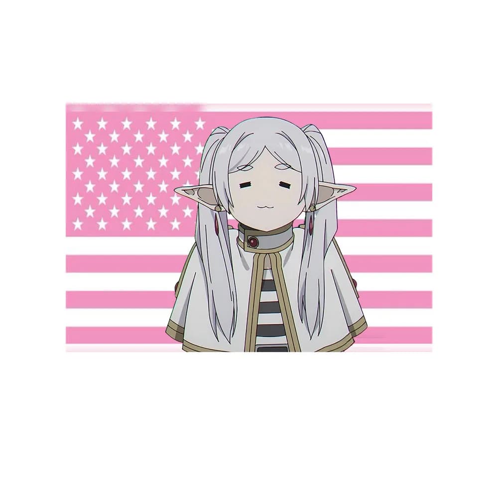 Tappeto da parete in poliestere con stampa anime elfo e bandiera rosa, motivo popolare virale, per camera da letto, con personaggi anime di tendenza e design rosa americano