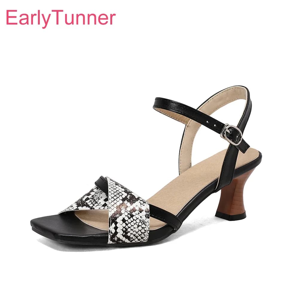 Women's Black Summer Sandals with Spilled Heel and Square Toe, Women's Daily Shoes with Low Heel, Small and Large Heels, Plus Size 13 32 48 50