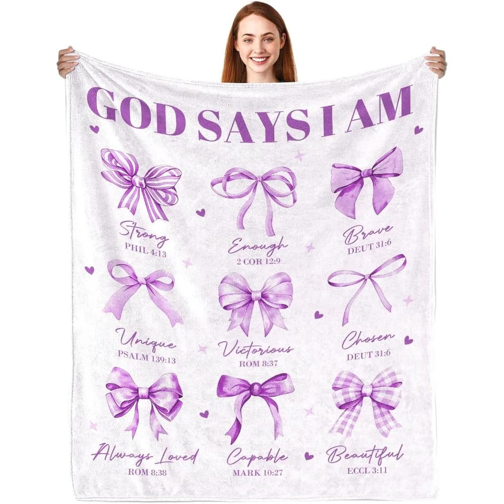 Dio dice che io sono una coperta - Regali religiosi e spirituali cattolici ispiratori e regali per battesimo per ragazza, coperta con fiocco viola e versetto biblico