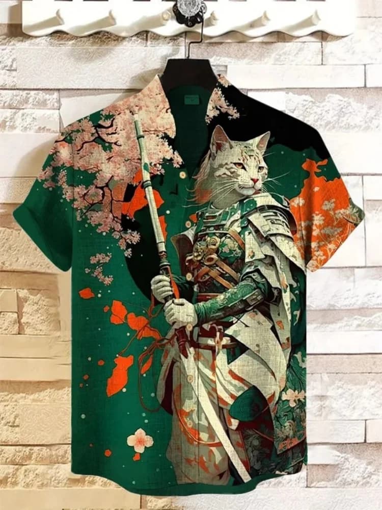 Camicetta da uomo Vacanze estive y2k Top Sakura Tree Kimono Armatura Samurai Gatto Arte giapponese Pittura Stampa Miscela di lino Camicie casual