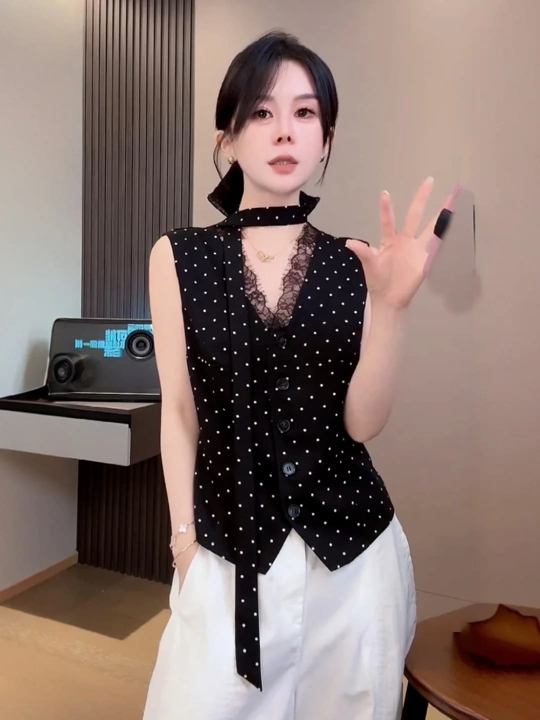 plus Size Women's Lace Polka Dot Sash Vest Summer Outdoor Wear Black Sleeveless Shoulder Padless V-neck Regular Length Dress