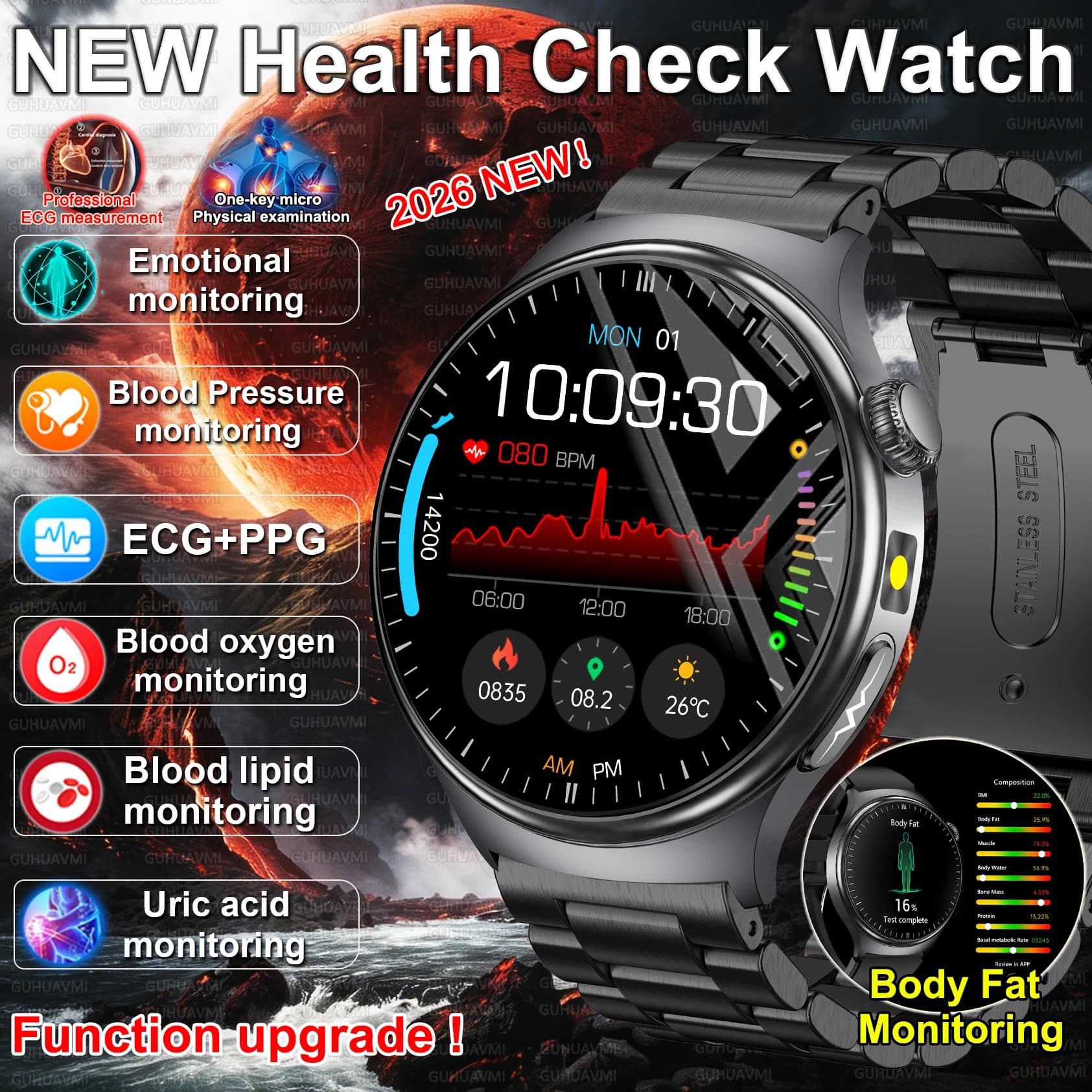 Nuovo Smartwatch 2026 per Analisi Accurata della Salute del Corpo, ECG, Lipidi nel Sangue, Acido Urico, Pressione Sanguigna, Grasso Corporeo, Chiamate Vocali