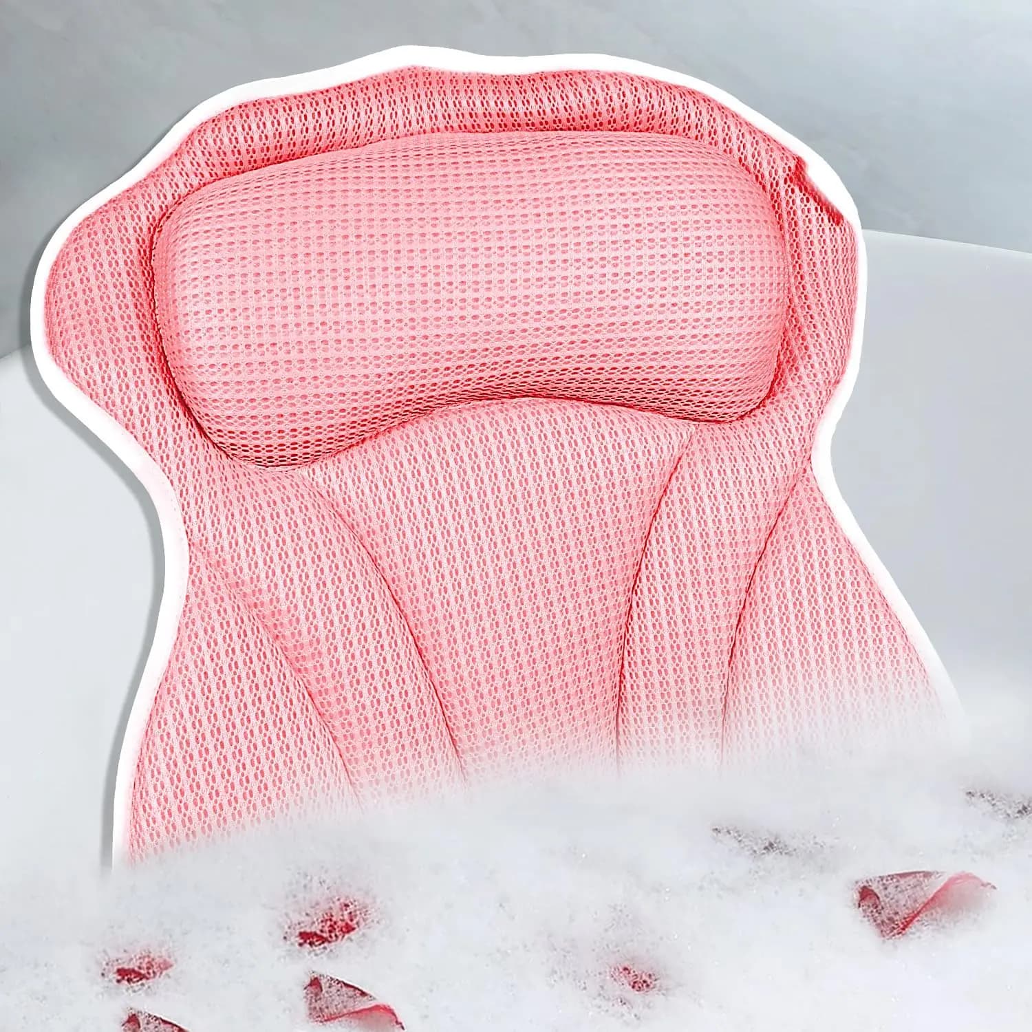 Cuscino per Vasca da Bagno con Supporto per Collo e Schiena, 6 Ventose, Rete 4D, Regalo Spa Rosa per Donne