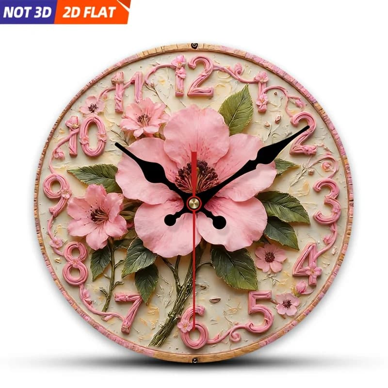 2D Piatto. 1 pezzo. Orologio da parete con design a fiori rosa, silenzioso e decorativo, ideale per camere da letto, soggiorni e uffici, disponibile