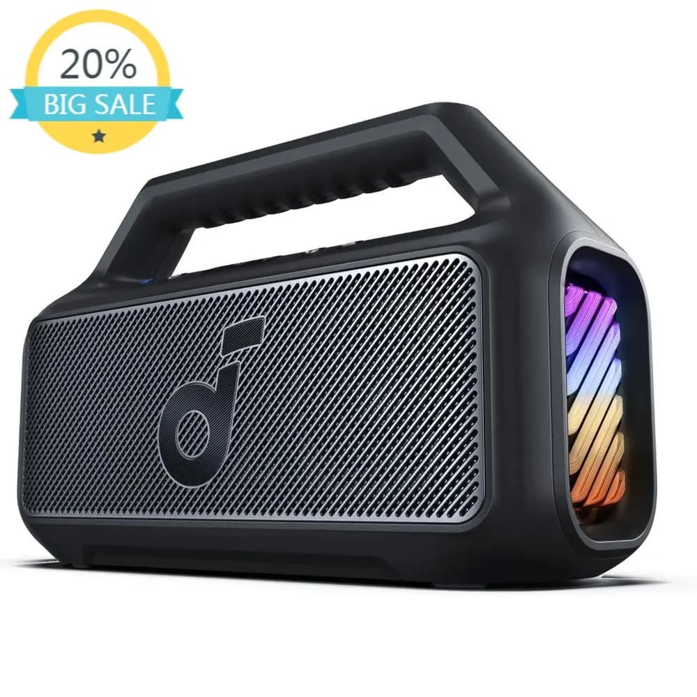 80W Exterior Portable Speaker with Subwoofer, BassUp 2.0, 24H Battery, IPX7 Waterproof, RGB Lights, USB-C, Custom EQ, Bluetooth 5