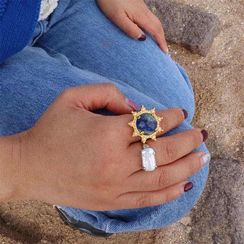 Set di anelli per orecchini con collana di perle con fibbia a T in lapislazzuli marino europei e americani Set di gioielli da donna con perle di lusso leggere