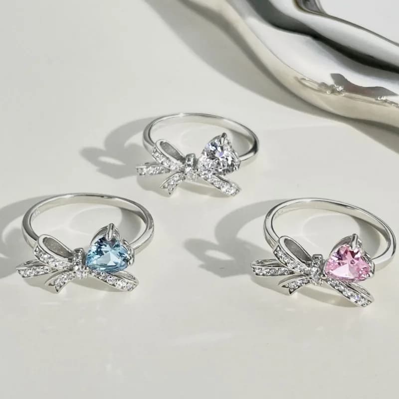 Shining U 925 Sterling Silver Bowknot Pink Blue Heart Gems Ring for Women Fine Jewelry Spring Gift