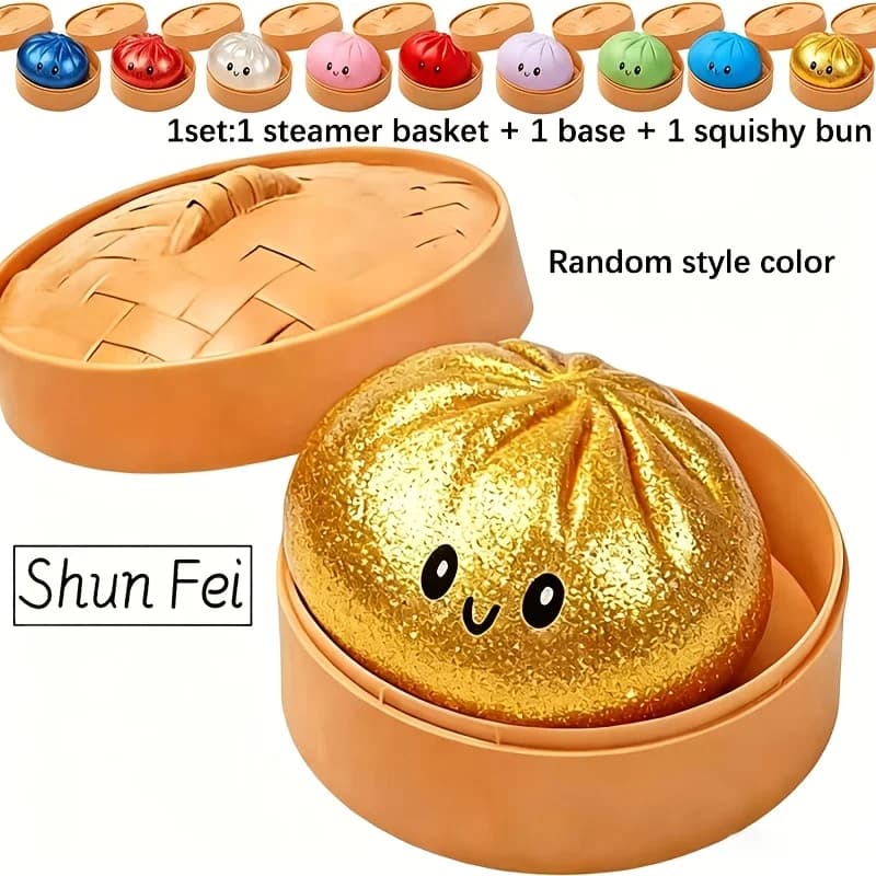 2026 New Bun Set (1 Steamer Basket And 1 Base And 1 Bun) Squeezable Play Dough, Squeeze Ball, Halloween Christmas Thanksgiving Party Gift, Decorative Toy (Color Random)