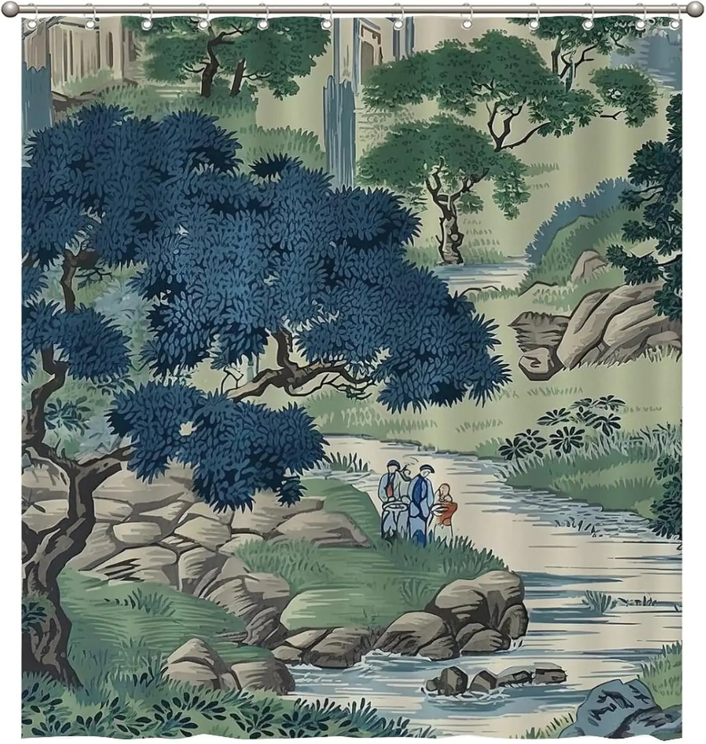 Tenda da Doccia Asian Dynasty Garden, Blu e Verde, Stile Chinoiserie, Impermeabile, per Vasca da Bagno, in Poliestere