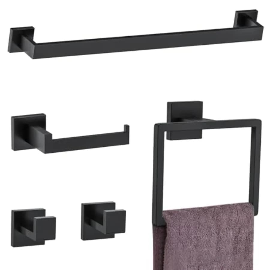 Set di 5 Accessori per Bagno in Nero Opaco, Include Portasciugamani, Porta Rotolo Carta Igienica, Anello Portasciugamani, Ganci Appendiabiti in Acciaio Inox