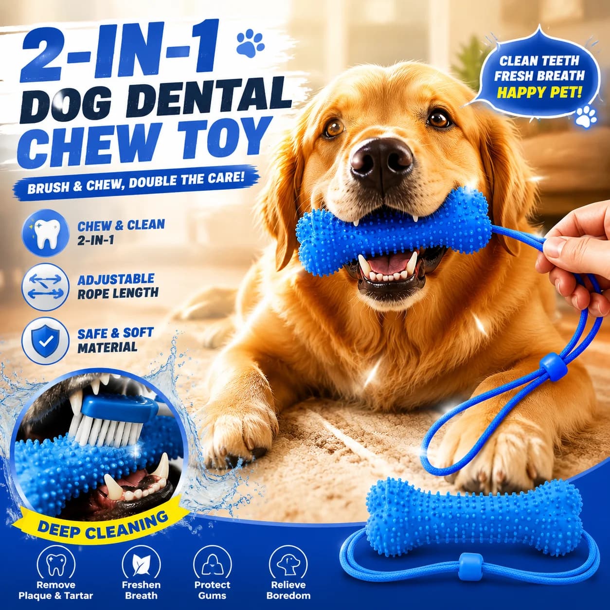 Dog Teeth Cleaning Chew Toy With Pull Strap Bone Shaped Rubber Toothbrush Adjustable Rope Bite Resistant Puppy Oral Care Toy
