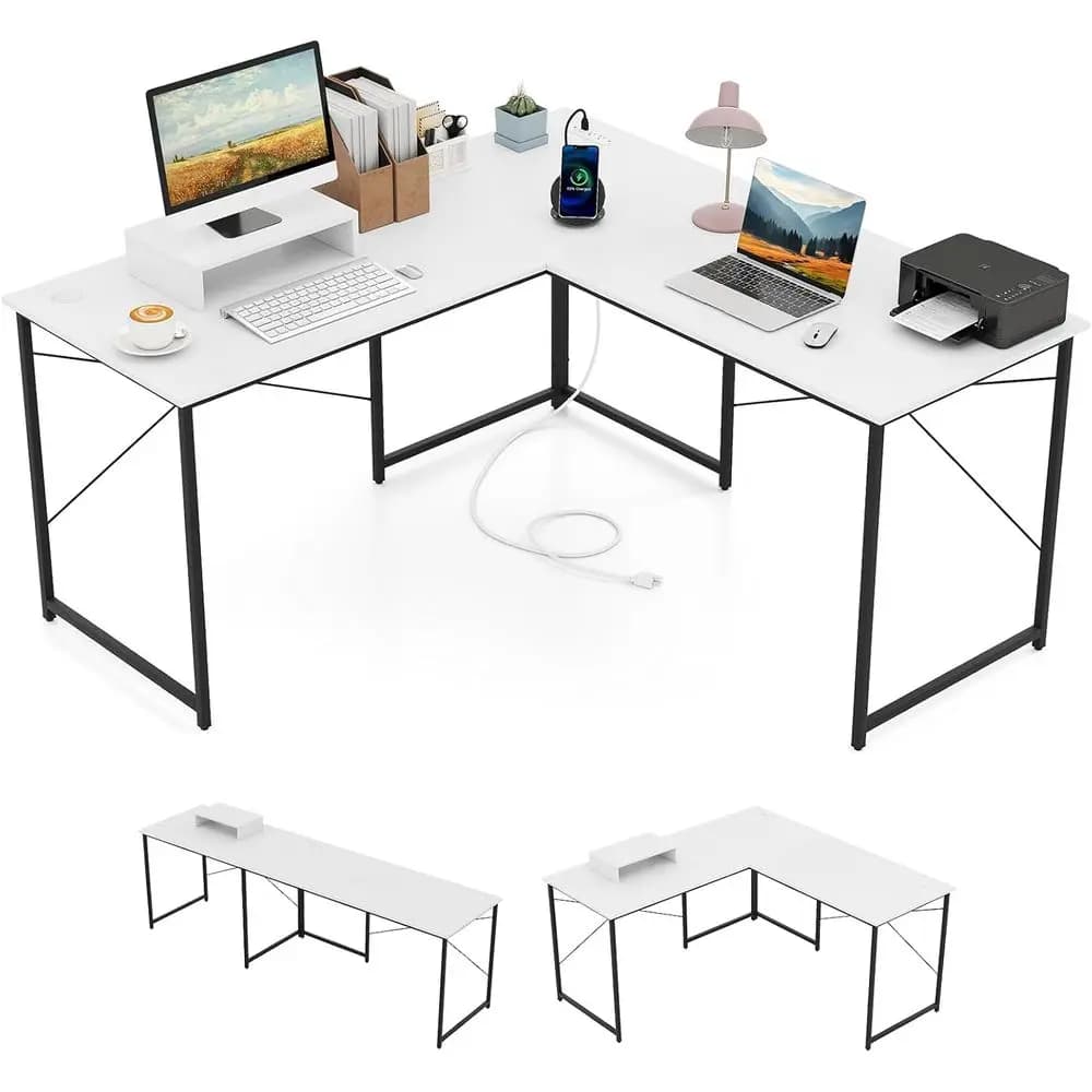 Scrivania a L per Due Persone con Ripiano per Monitor e Prese di Corrente per Ufficio Domestico o Gaming