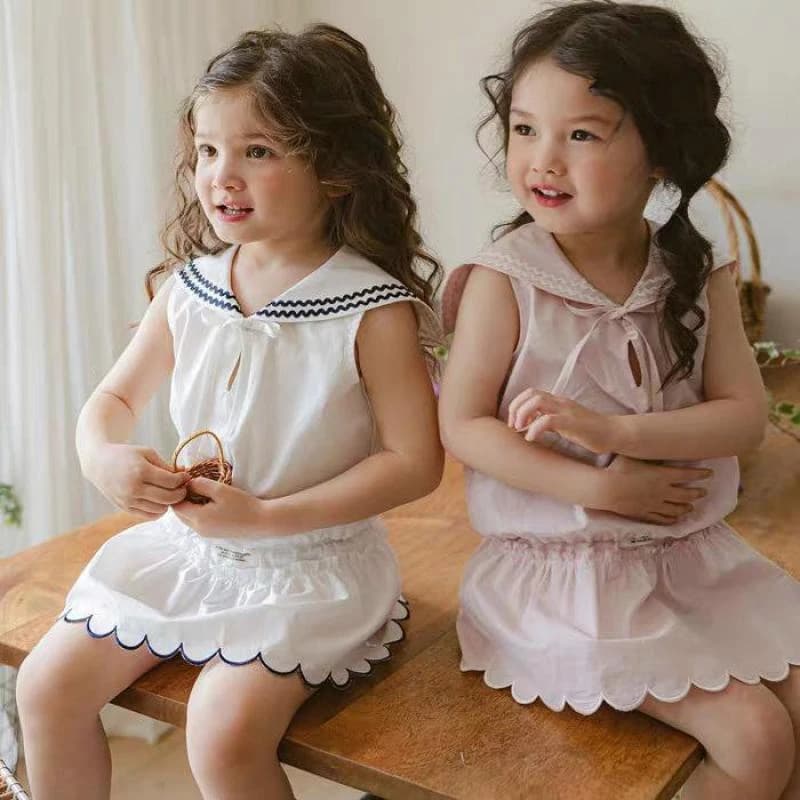 2025 Estate nuove ragazze dolci vestiti senza maniche Set ragazze per bambini camicie con colletto blu scuro principessa bambina gonne vestito abiti per bambini