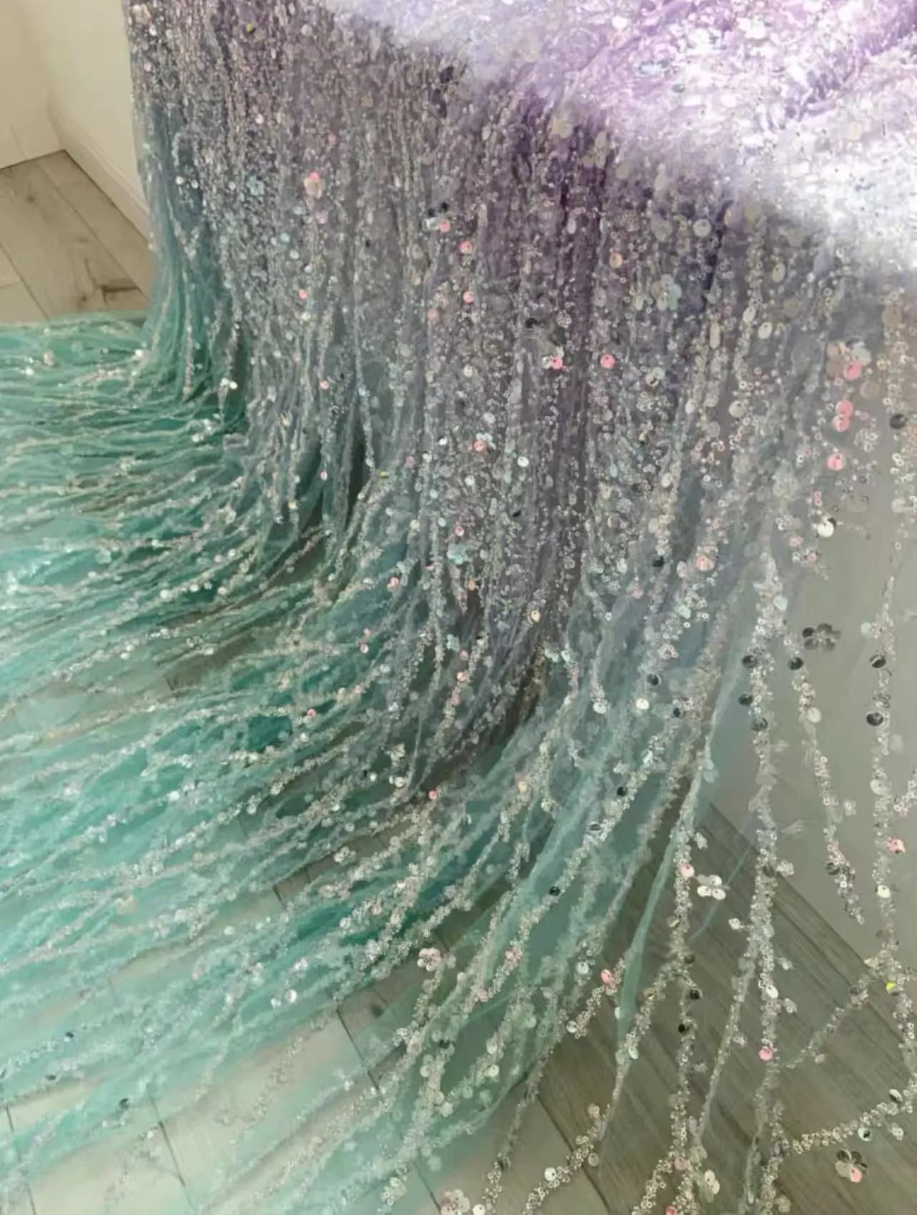 1 Yard Aqua Green Gradient Colors Sequined Tulle Lace Fabric Sparkle Dip Dye Flower Gauze for Ombre Wedding Dress,Ball Gown