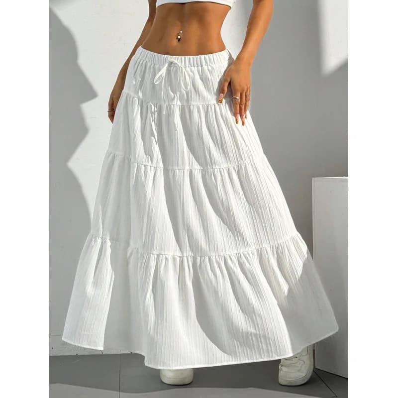 White Loose Women Skirts Summer Clothes Half-length Casual High-waist Pleated Gowns with Lace Trim Other Fabric Spring 2025