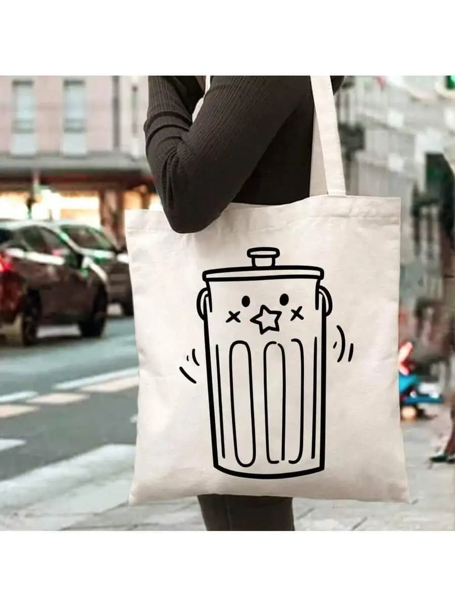 Large Capacity Canvas Tote Bag With Cute Trash Can Print Durable Washable No Closure Shoulder Bag For Shopping Travel Daily Use