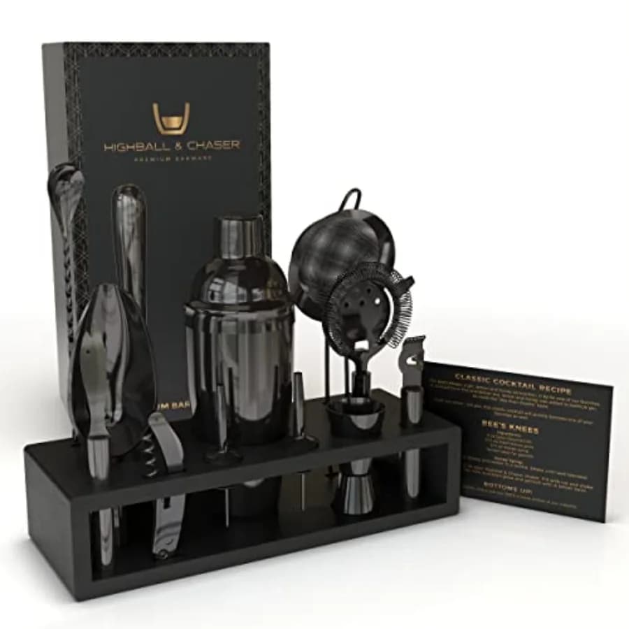 Set da Cocktail Cobbler 13 Pezzi: Kit da Barman in Acciaio Inox Nero Lucido per Bar Domestico con Utensili Incisi al Laser Plus E