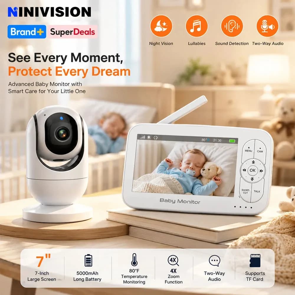 Baby Monitor da 7 Pollici 1080P con Telecamera e Audio, Senza WiFi, Visione Notturna, Comunicazione Bidirezionale, Zoom 4X, Monitoraggio Temperatura, Batteria da 5000mAh