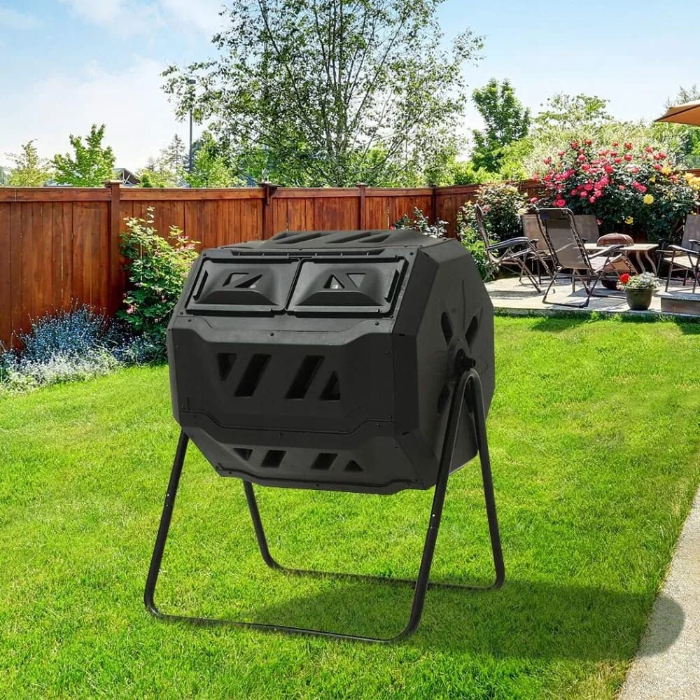 Compostiera Rotante da 45 Galloni, Grande Compostiera da Giardino a Doppia Camera con Coperchio Scorrevole Anti-Animali, Personalizzabile