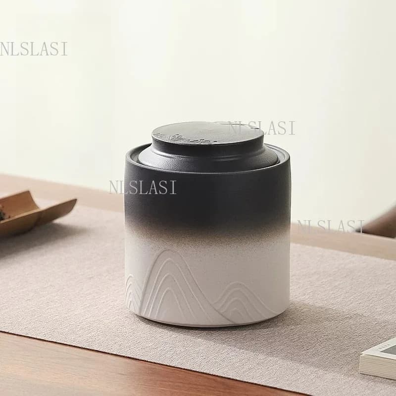 500ml Gradient Black White Embossed Mountain Ceramic Tea Canister Airtight Tea Storage Jar Household Tea Leaf Container