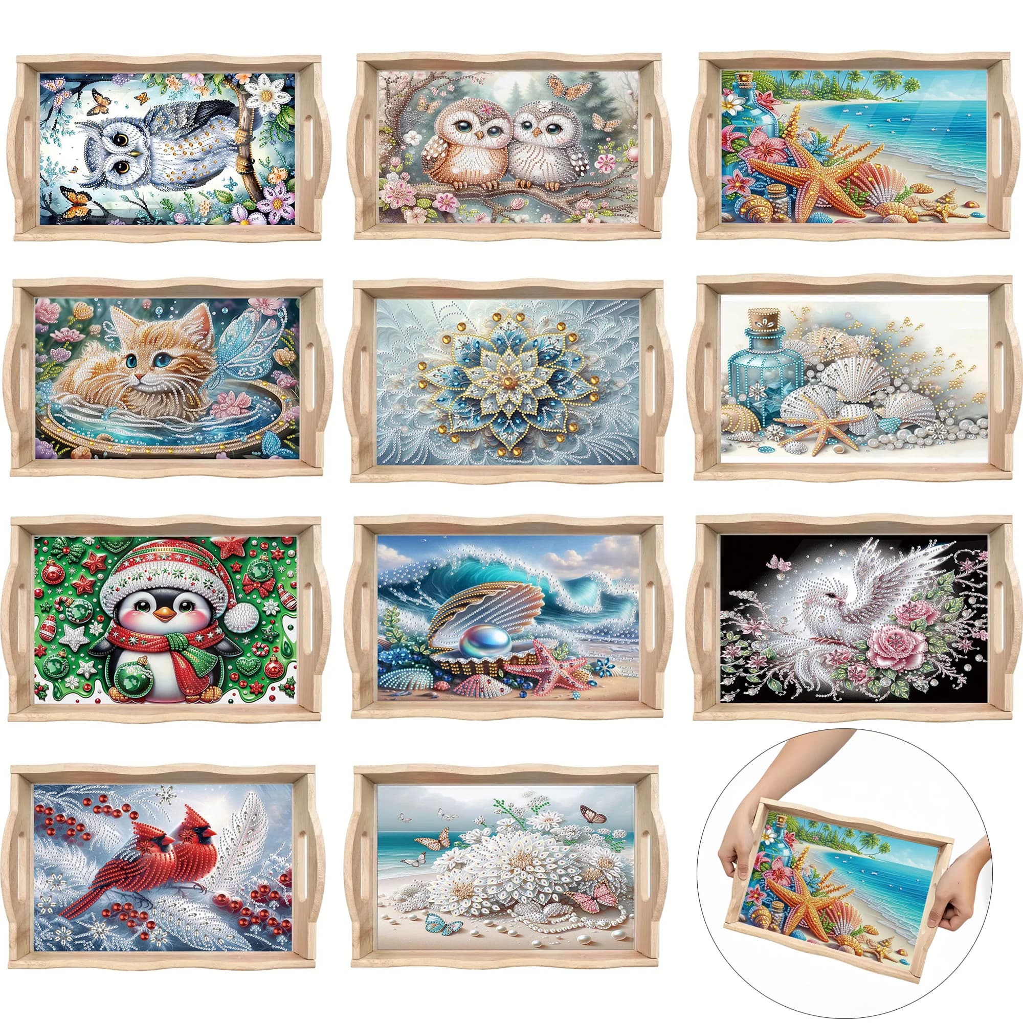 1 DIY Animal Floral Pattern Square Tray Diamond Painting Set, Equipped with a Wooden Square Painting Board Tray with a Handle