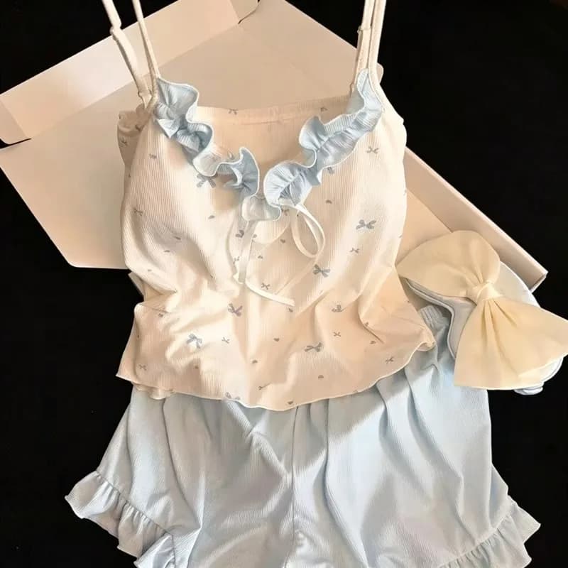 Pajama Set Cute Sweet Women Summer New Camisole Women's Pajama Set Ruffle with Chest Pad Ladies Casual Sleepwear Loungewear