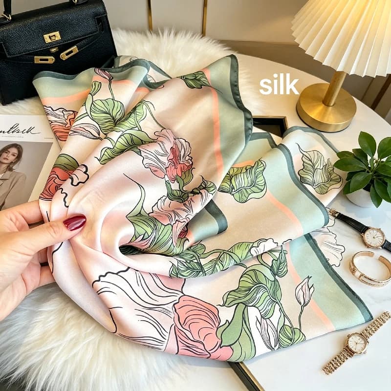 Chinese Style Retro Pastoral Style Pink Rose 70 Square Scarf Silk Silk Scarf Sun Protection Neck Scarf Headband Binding Bag