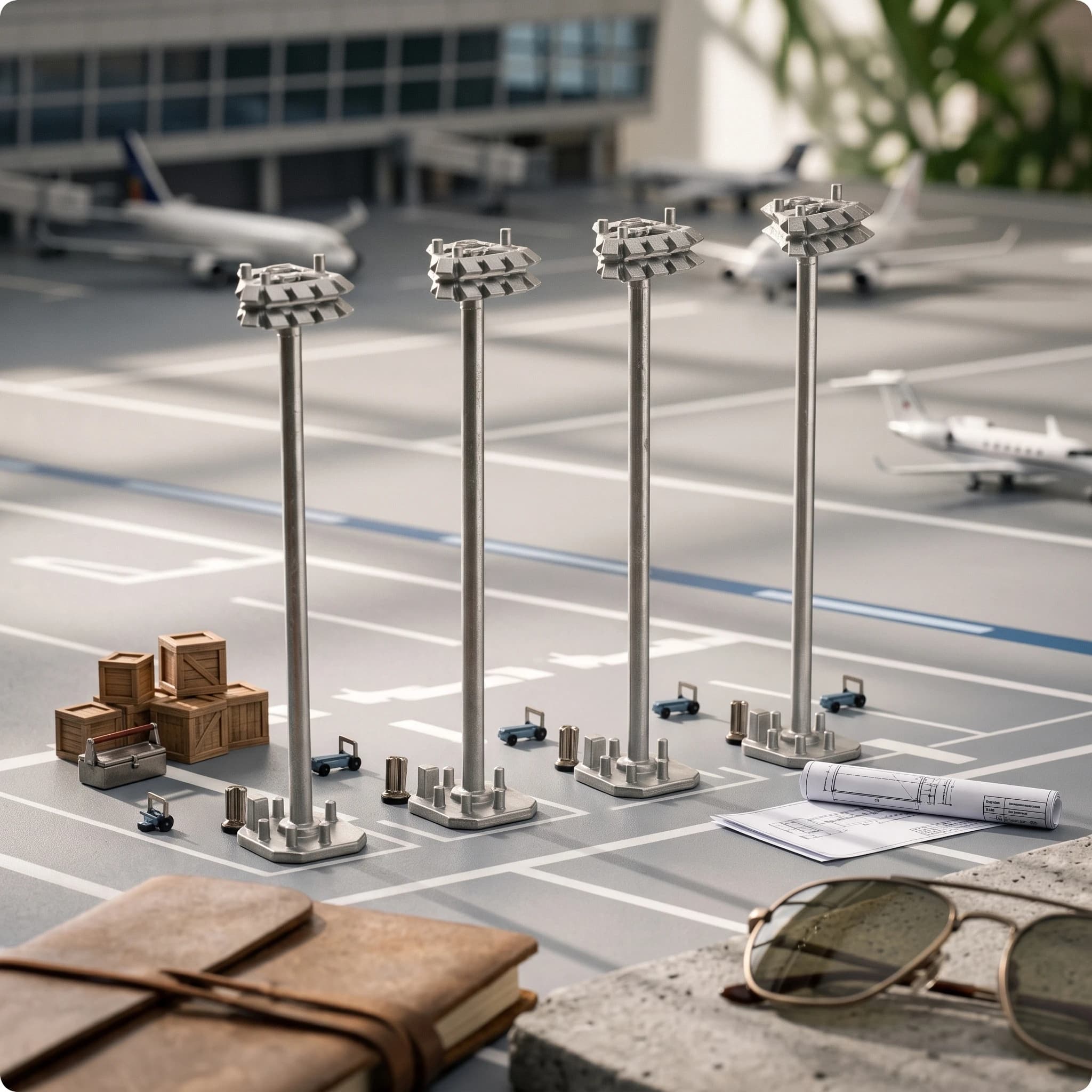 Diorama High-pole Airport Light Model with Clustered Lamp Head Square Base Accessory for Aviation Setups